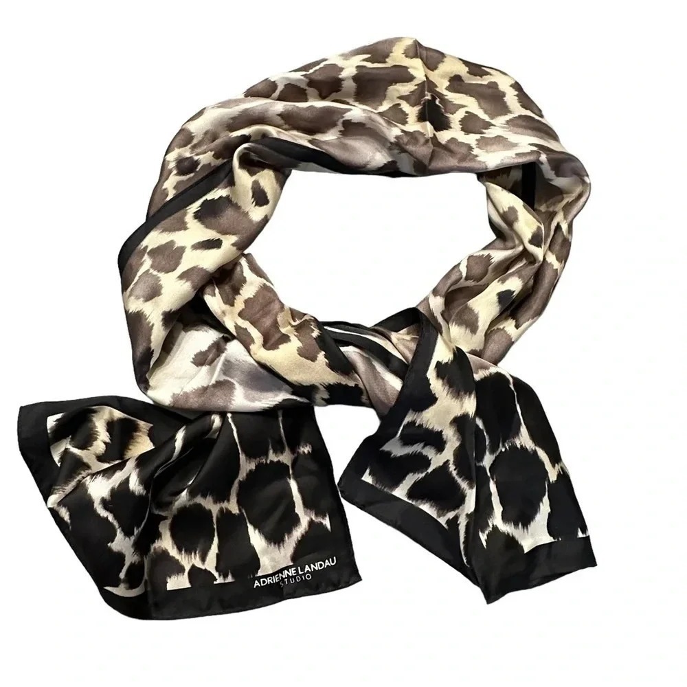 Adrienne Landau‎ Scarf OS Black Tan Giraffe Animal Print Lightweight Rectangle